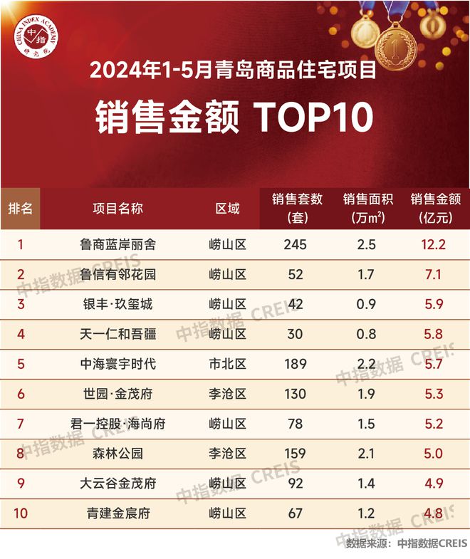 江南体育官网2024年1-5月青岛房地产企业销售业绩TOP20(图4)